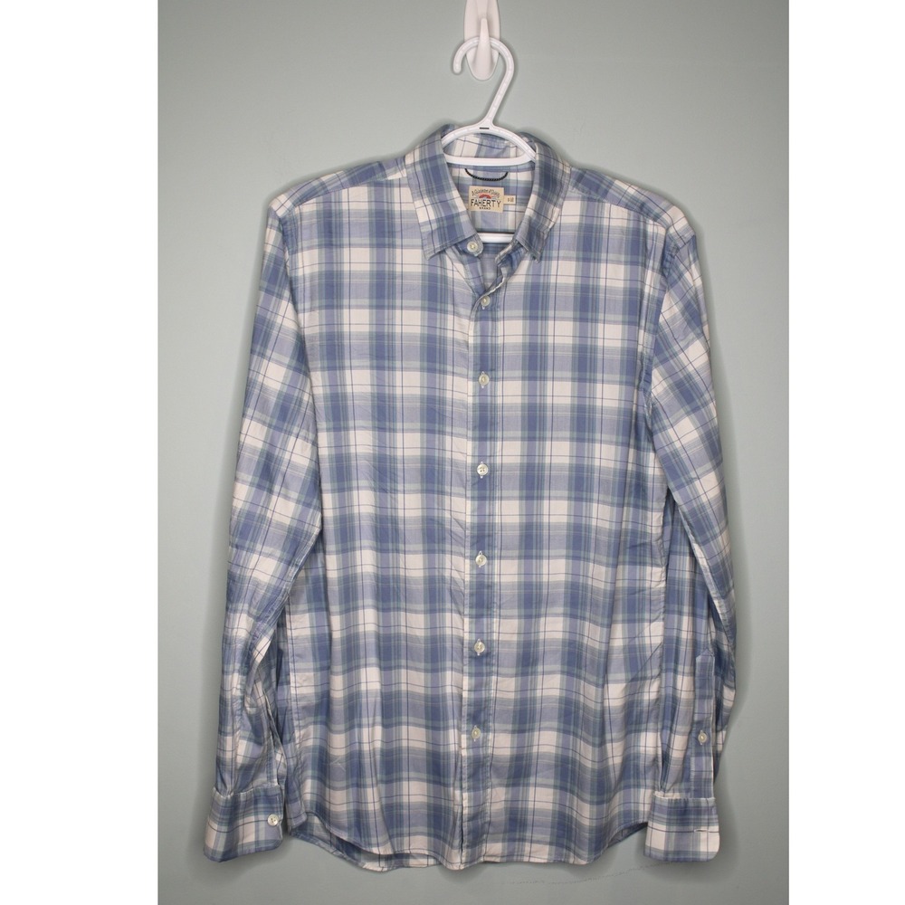 Faherty Brand Movement Shirt Mens Small Blue White Plaid Long Sleeve Button Down
